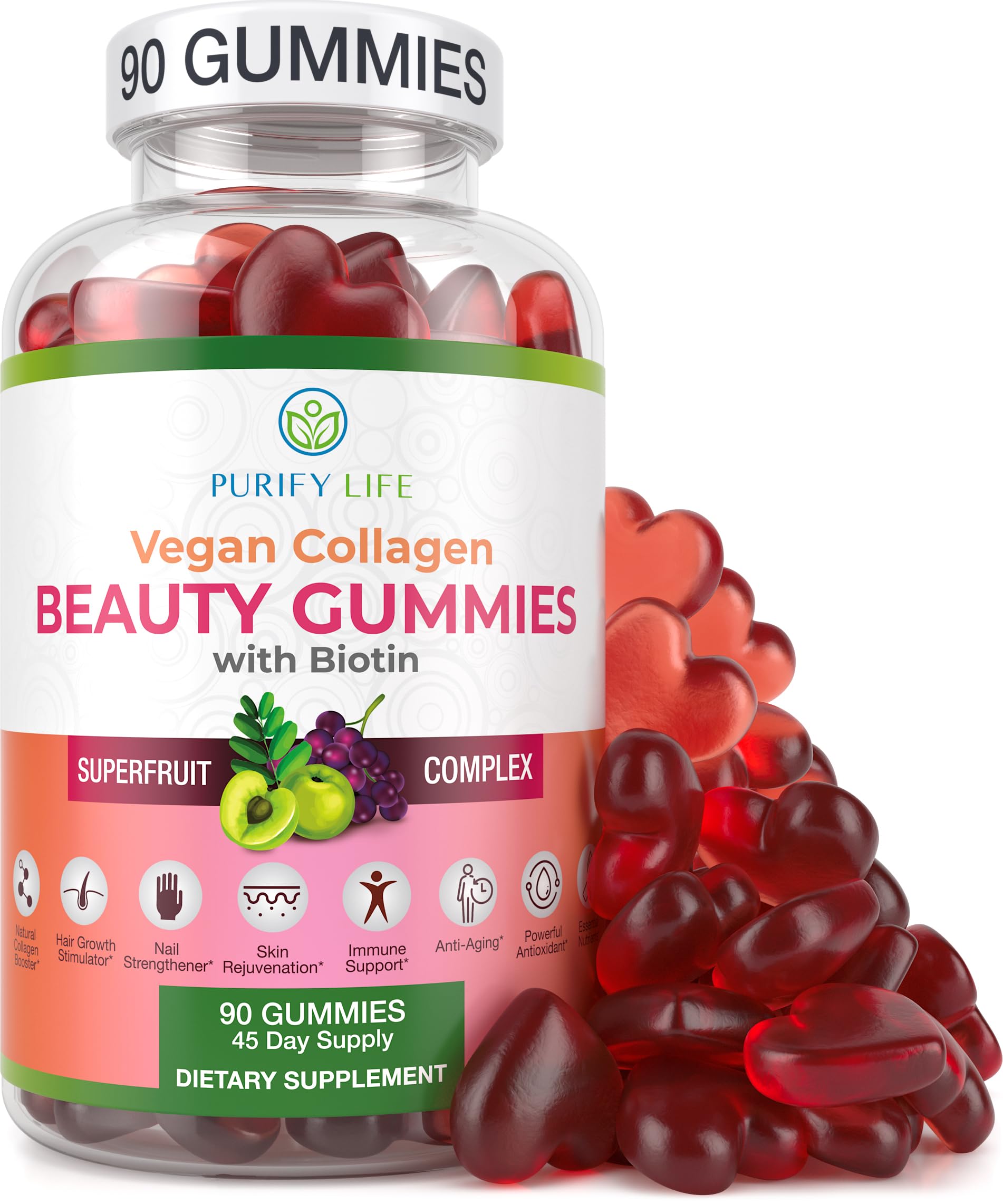 Purify Life Vegan Collagen Gummies bottle front for daily beauty support.