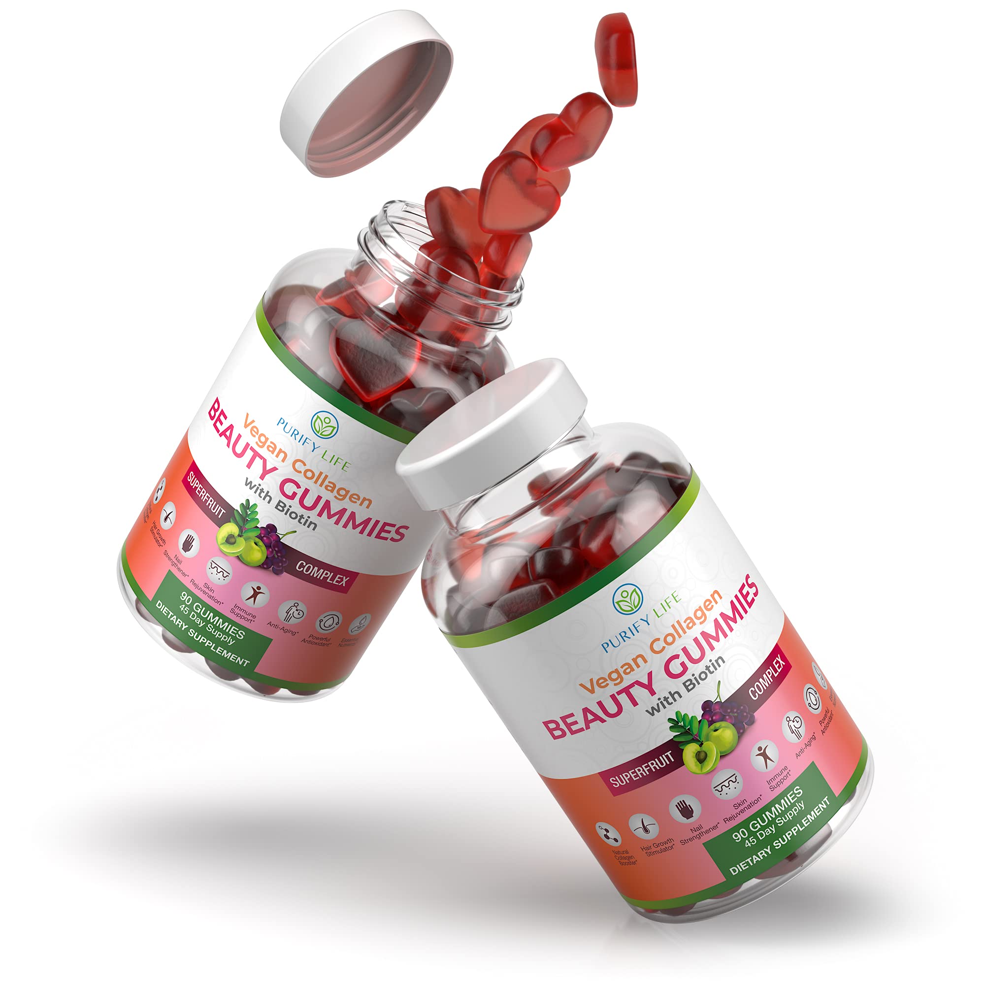 Purify Life Vegan Collagen Gummies 90-count display promotes ongoing use.