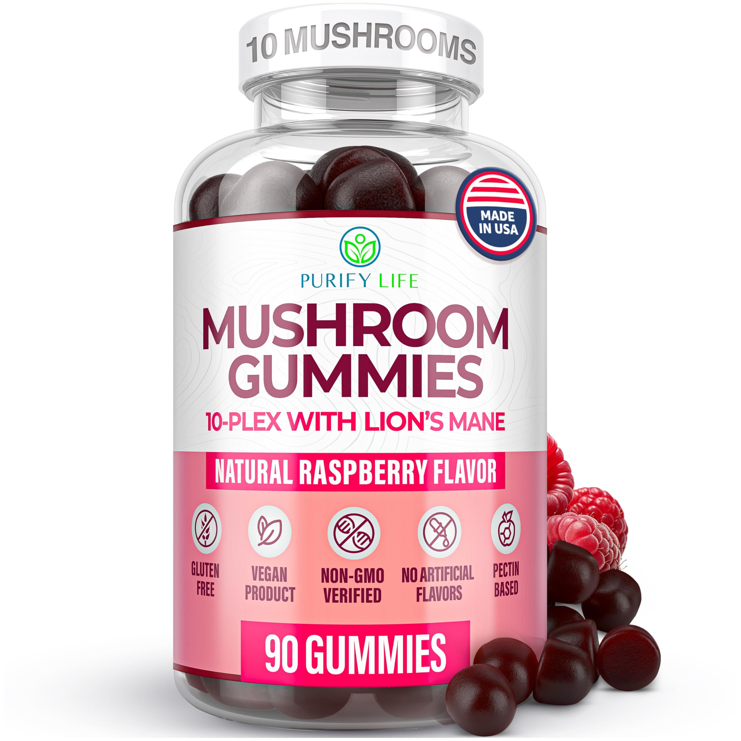 Purify Life mushroom gummies bottle with 10-mushroom complex for focus