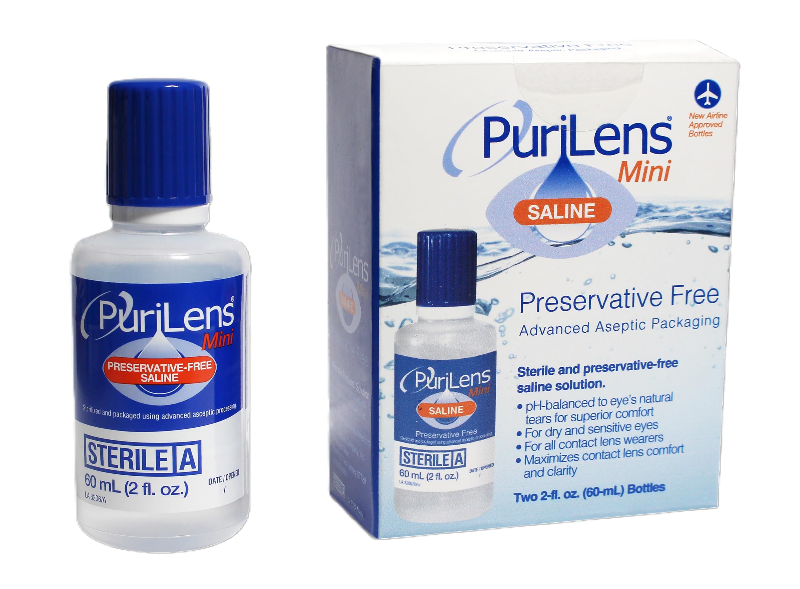 Purilens Mini preservative-free saline bottle demonstrates compact 60 ml design for on-the-go comfort.