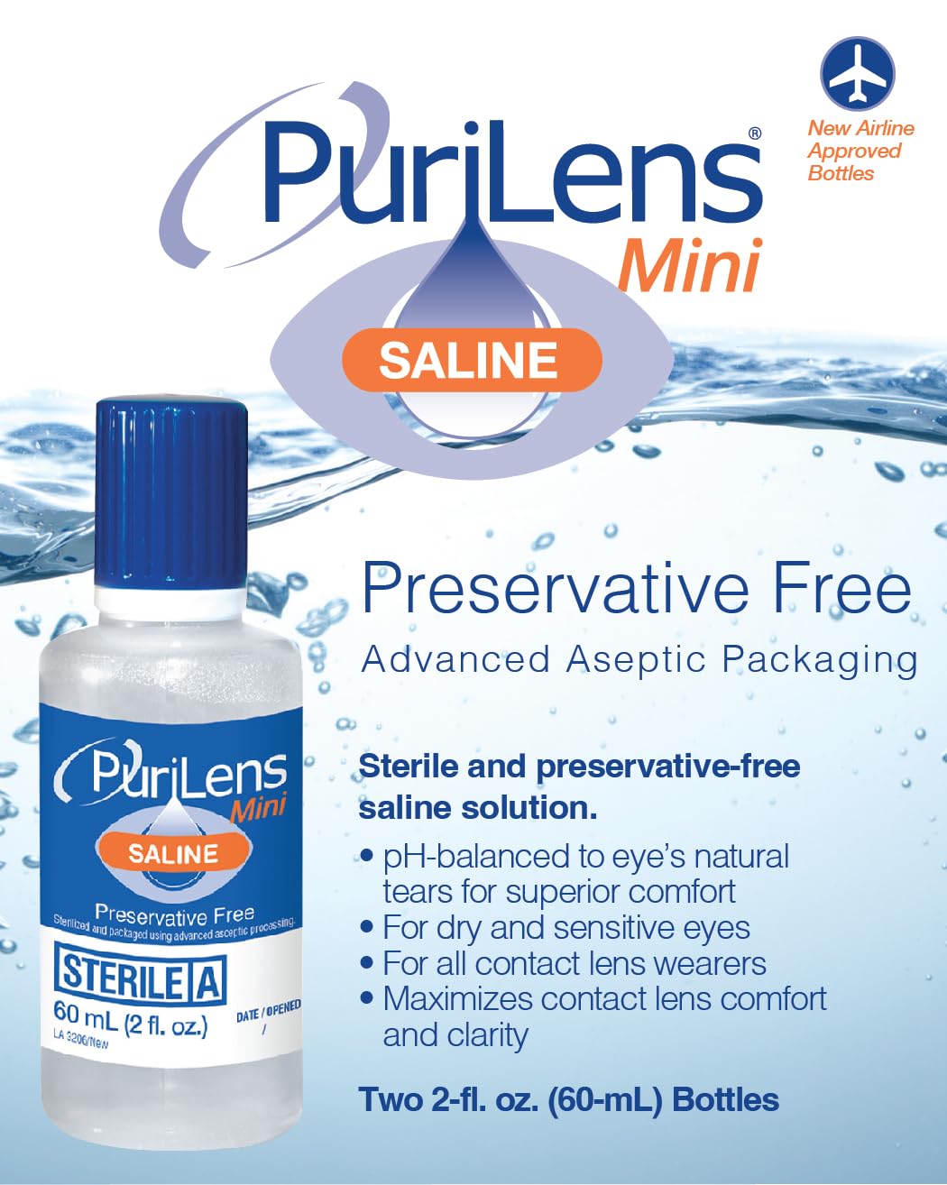 Purilens Mini preservative-free saline eyes-comfort highlights soothing rinse for dry, sensitive eyes.
