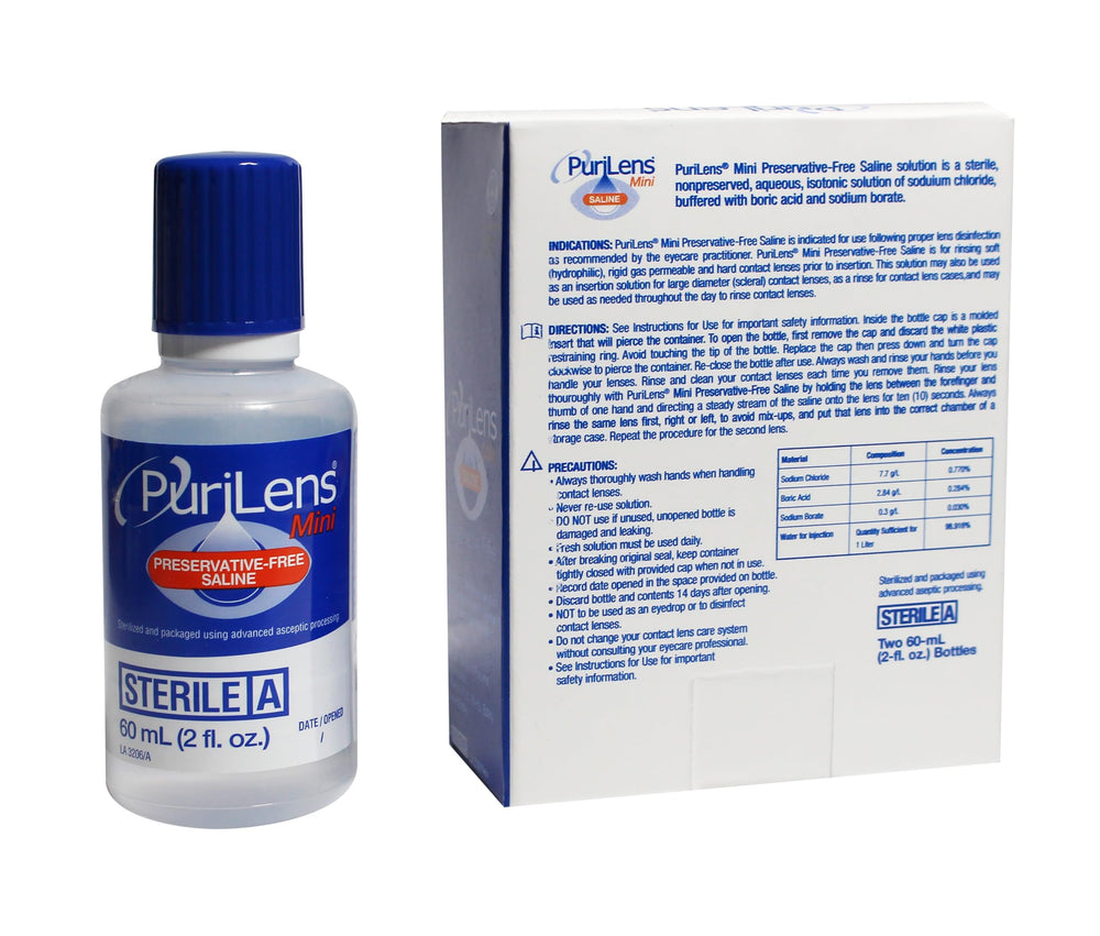 Purilens Mini preservative-free saline label-detail with clear usage guidance for all-day wear.