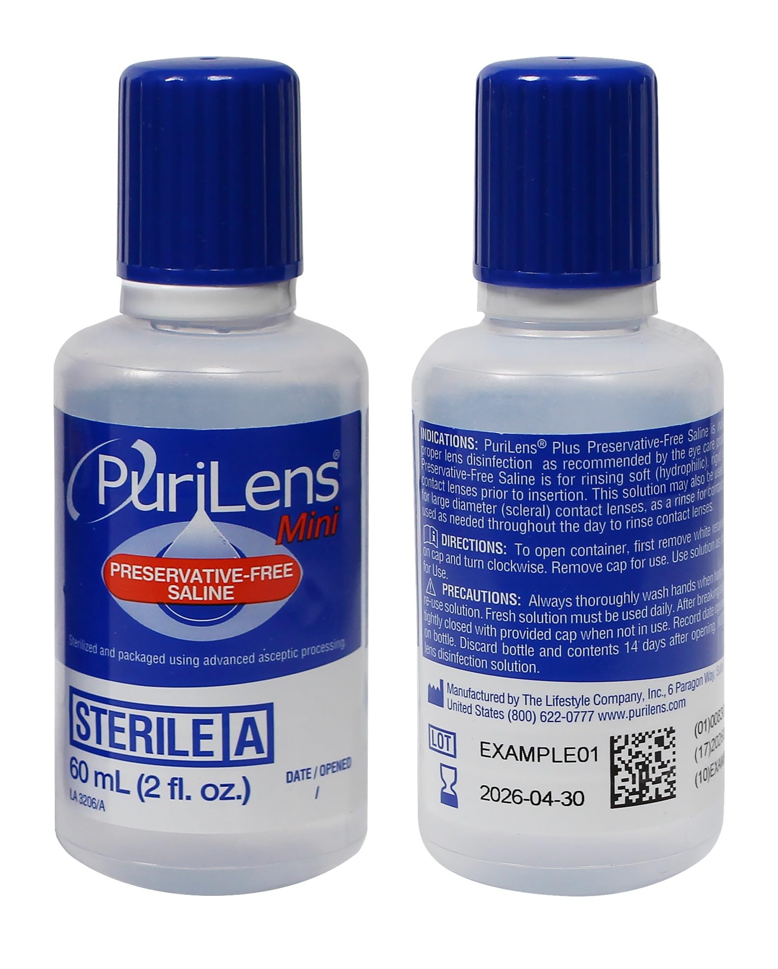 Purilens Mini preservative-free saline packaging emphasizes travel-ready 2-pack for convenience.