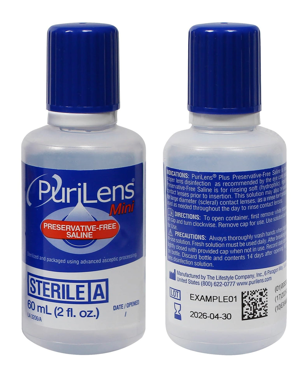 Purilens Mini preservative-free saline packaging emphasizes travel-ready 2-pack for convenience.