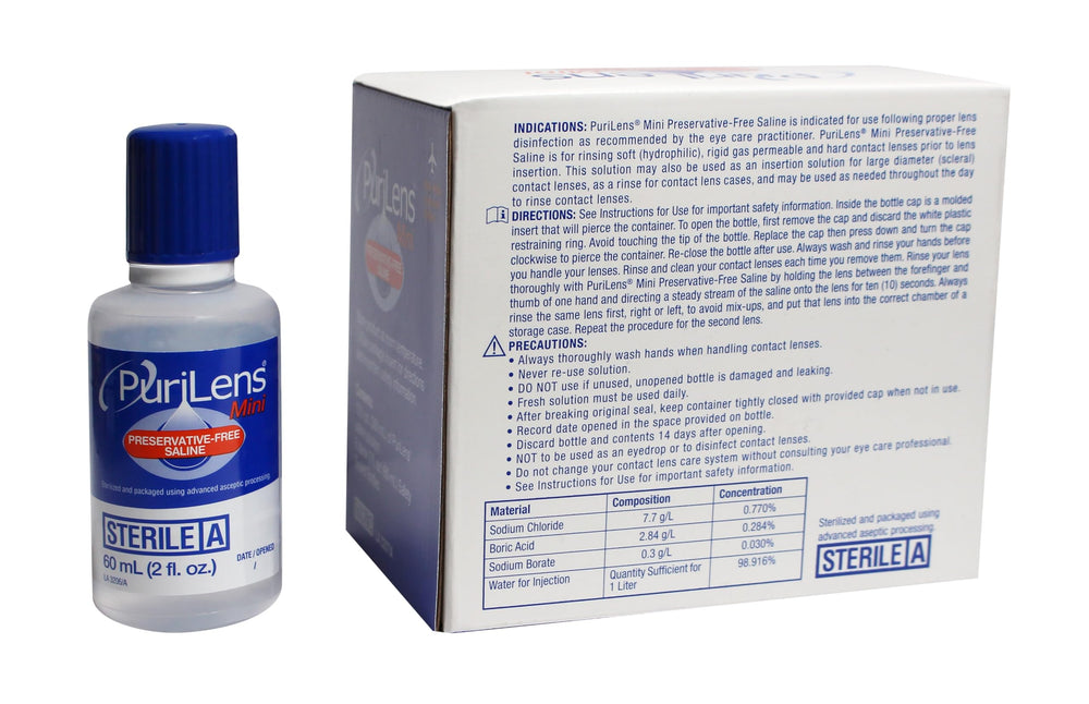 Purilens mini saline bottle pour depicts easy transfer for lens care