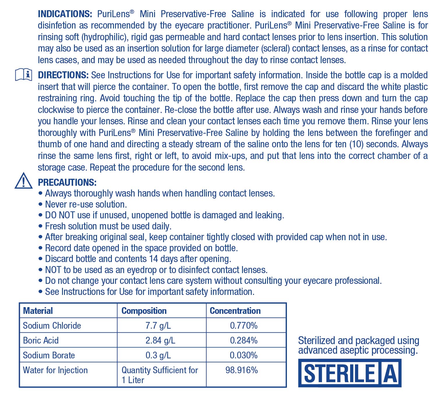 Purilens mini saline label detail highlights sterile, no-preservative formula
