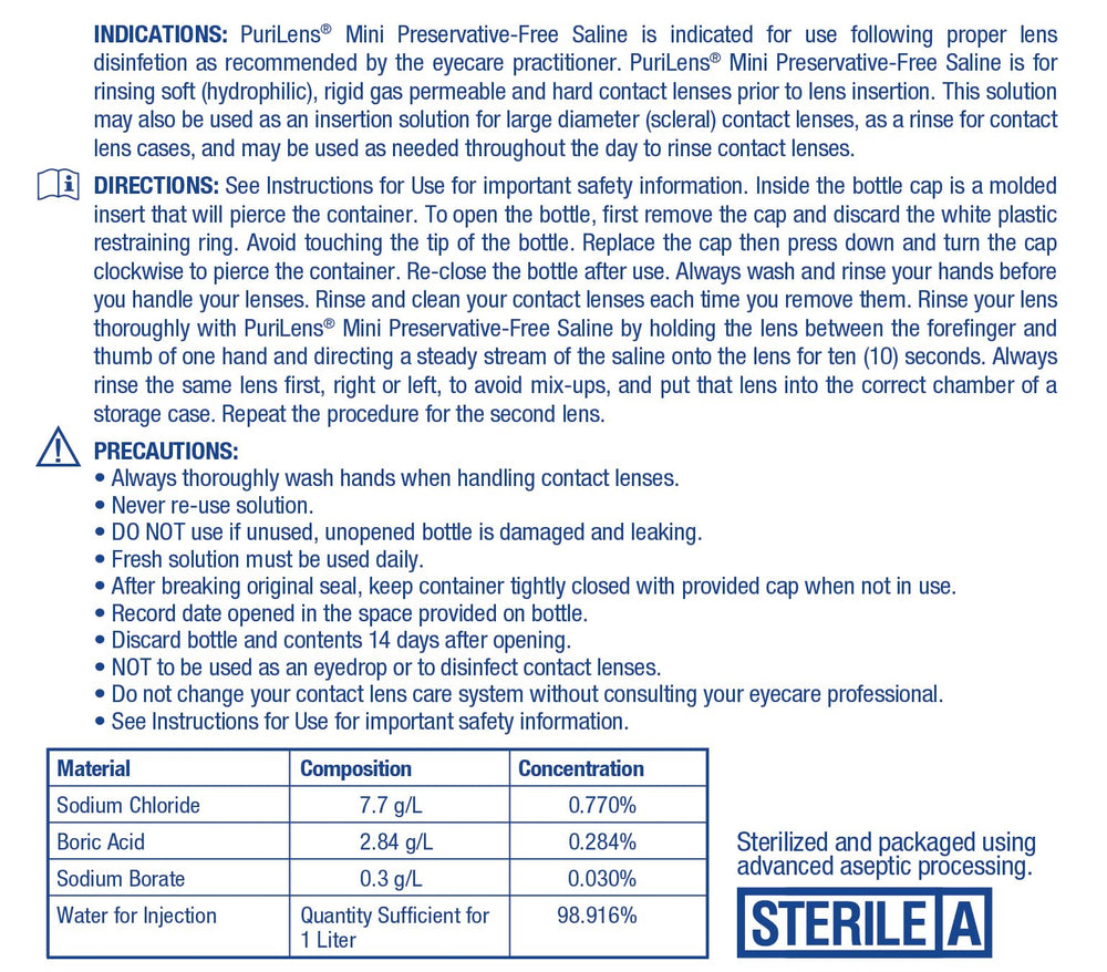 Purilens mini saline label detail highlights sterile, no-preservative formula