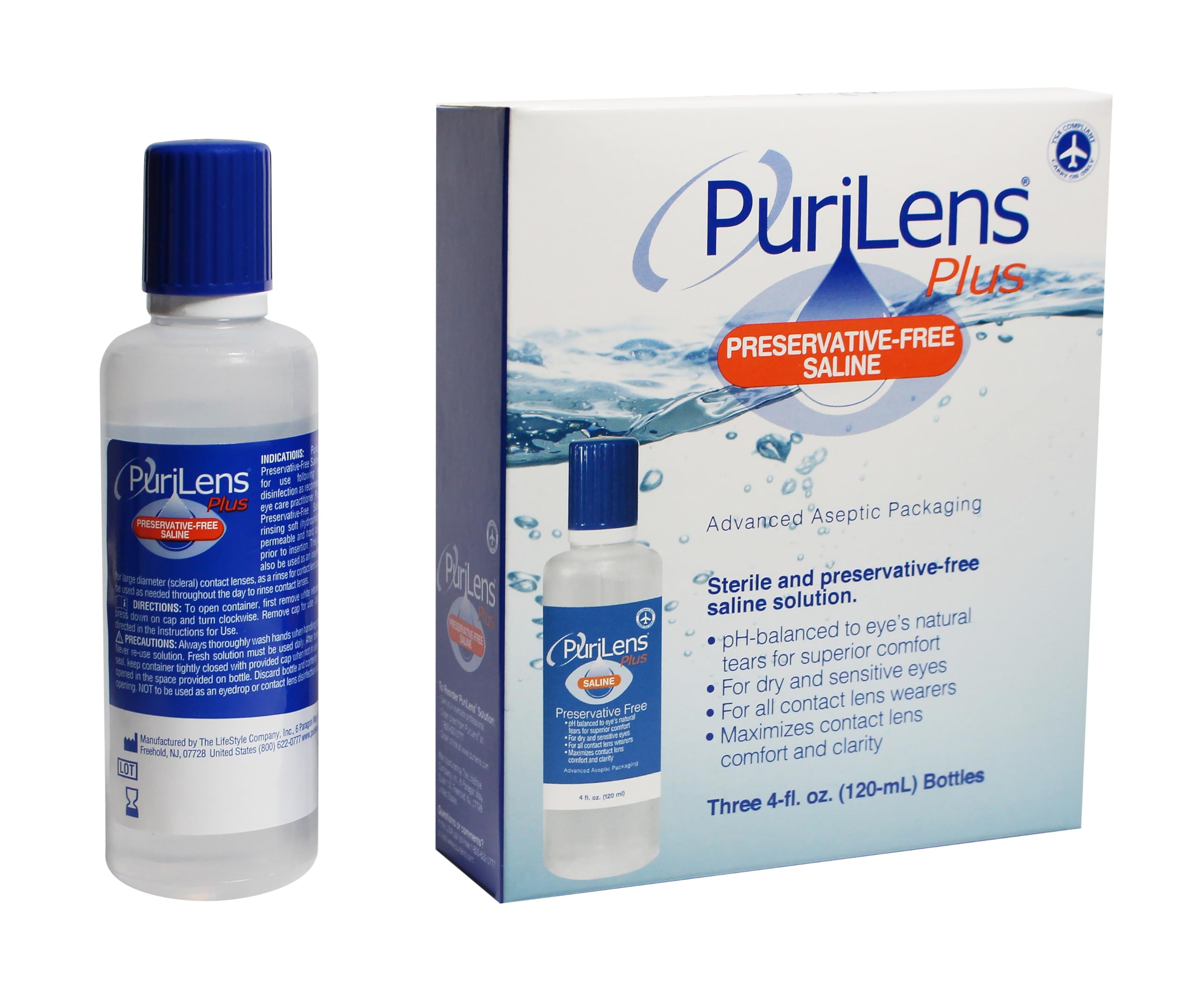Purilens Plus preservative-free saline bottle-front view for lens comfort.