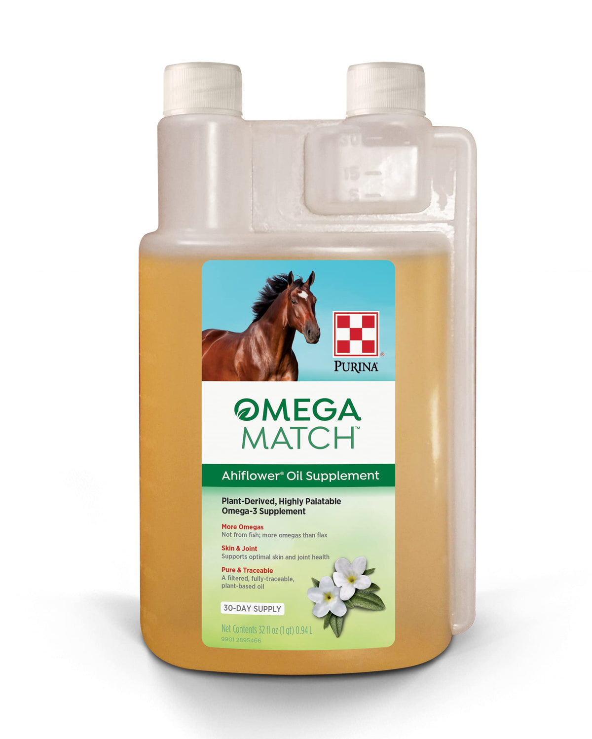 Purina Omega Match Ahiflower Oil bottle supports healthy joints and skin for horses.