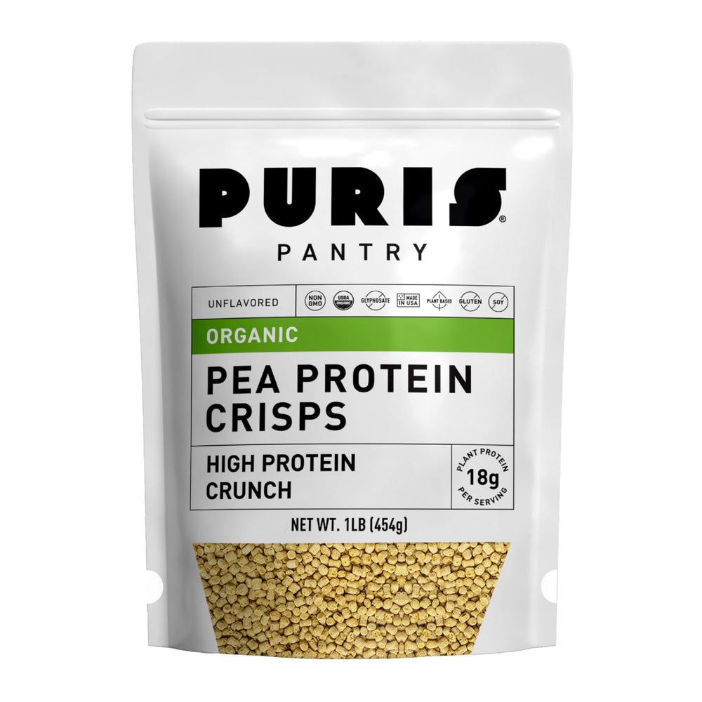 PURIS Organic Pea Protein Crisps packaging highlights organic peas and protein on the go