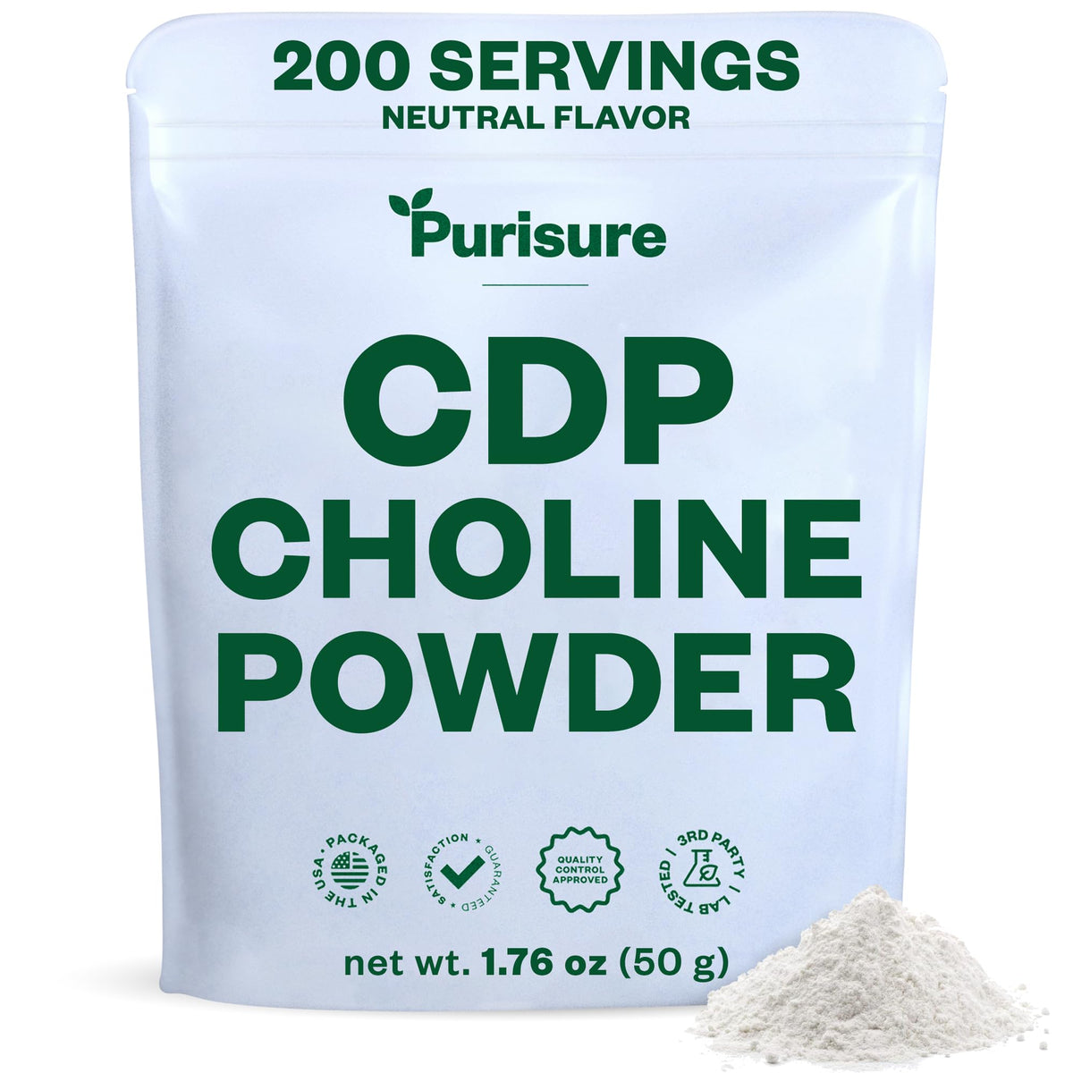 Purisure CDP Choline Powder bag label closeup for daily cognitive support.