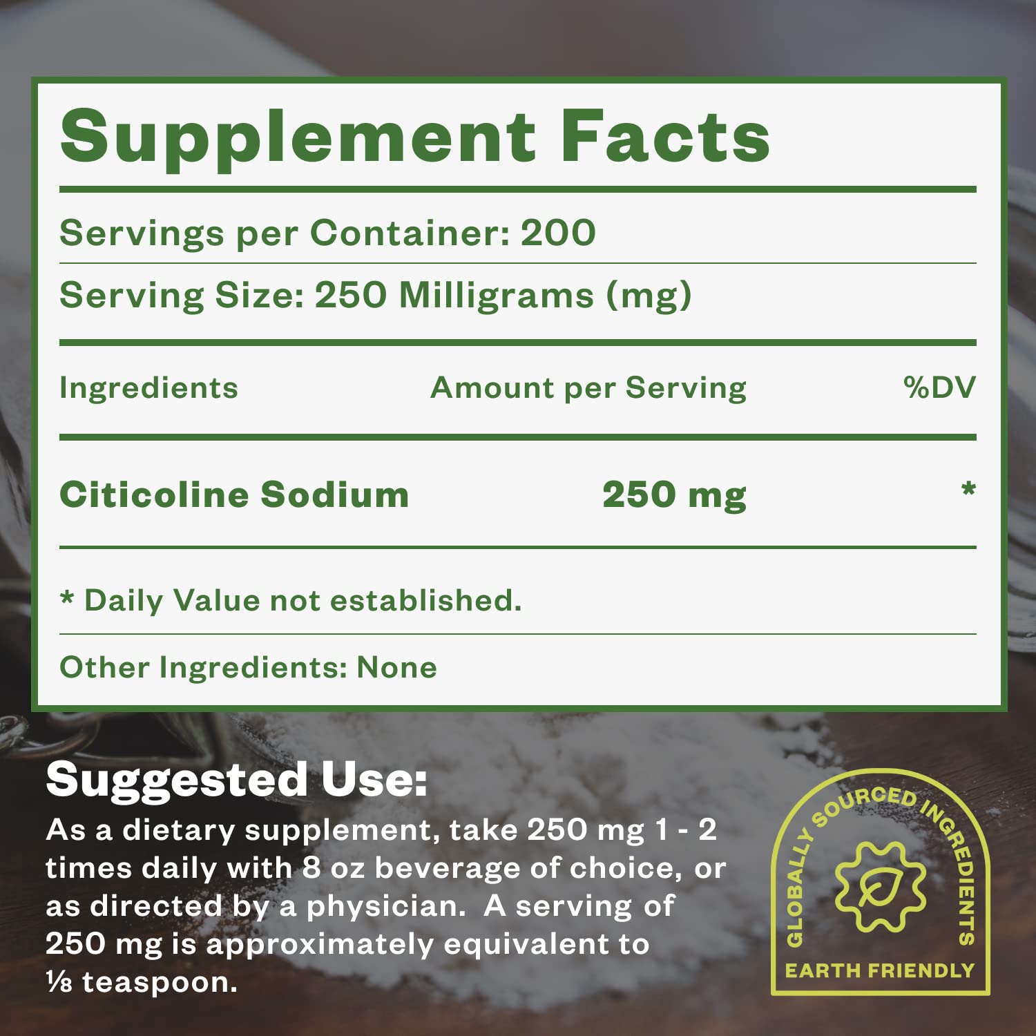 Purisure CDP Choline Powder ingredients chart communicates purity.