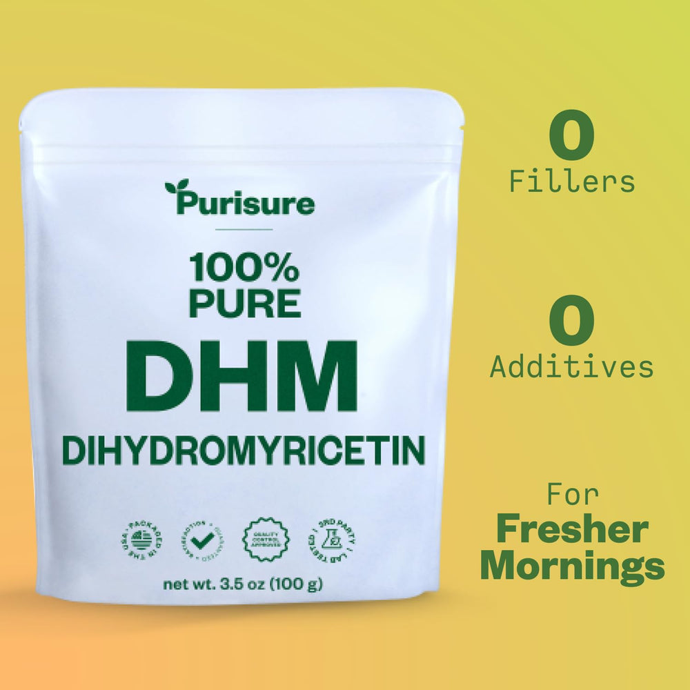 Purisure DHM powder bottle back shows ingredients and usage.