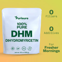 Purisure DHM powder bottle back shows ingredients and usage.