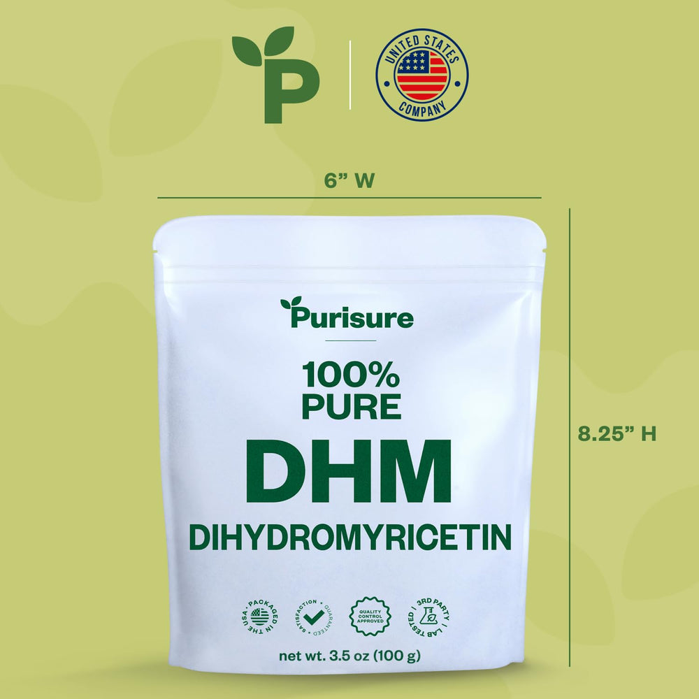 Purisure DHM powder label closeup with branding and benefits.