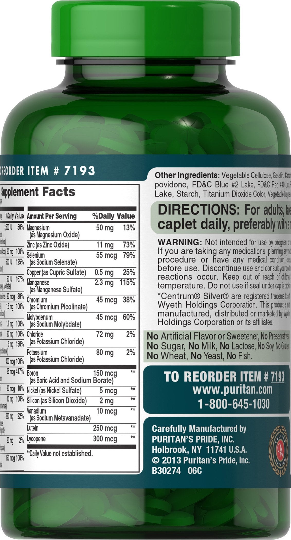Puritan's Pride ABC Plus caplets close-up showing no artificial additives