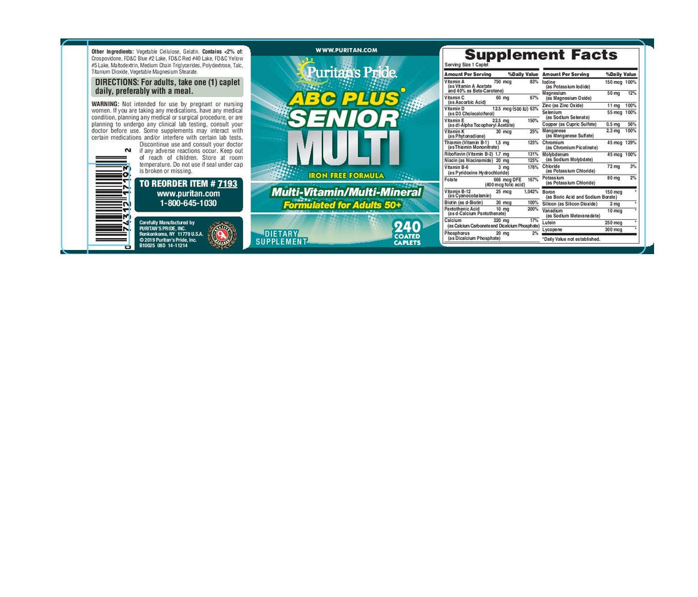 Puritan's Pride ABC Plus bottle on shelf with labelled ingredients