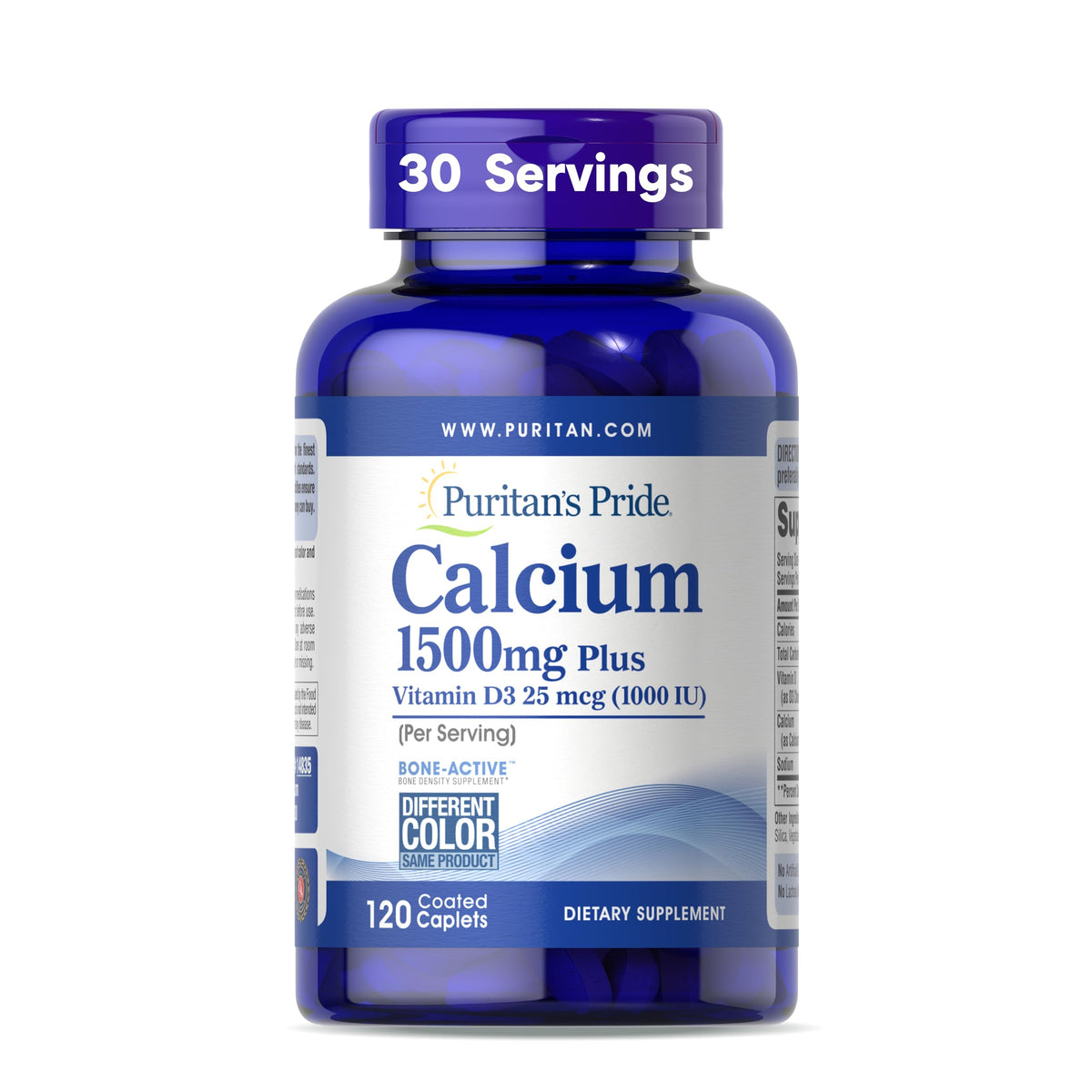 Puritan's Pride absorbable calcium bottle label highlights high-potency bone support with vitamin D3.