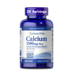 Puritan's Pride absorbable calcium bottle label highlights high-potency bone support with vitamin D3.