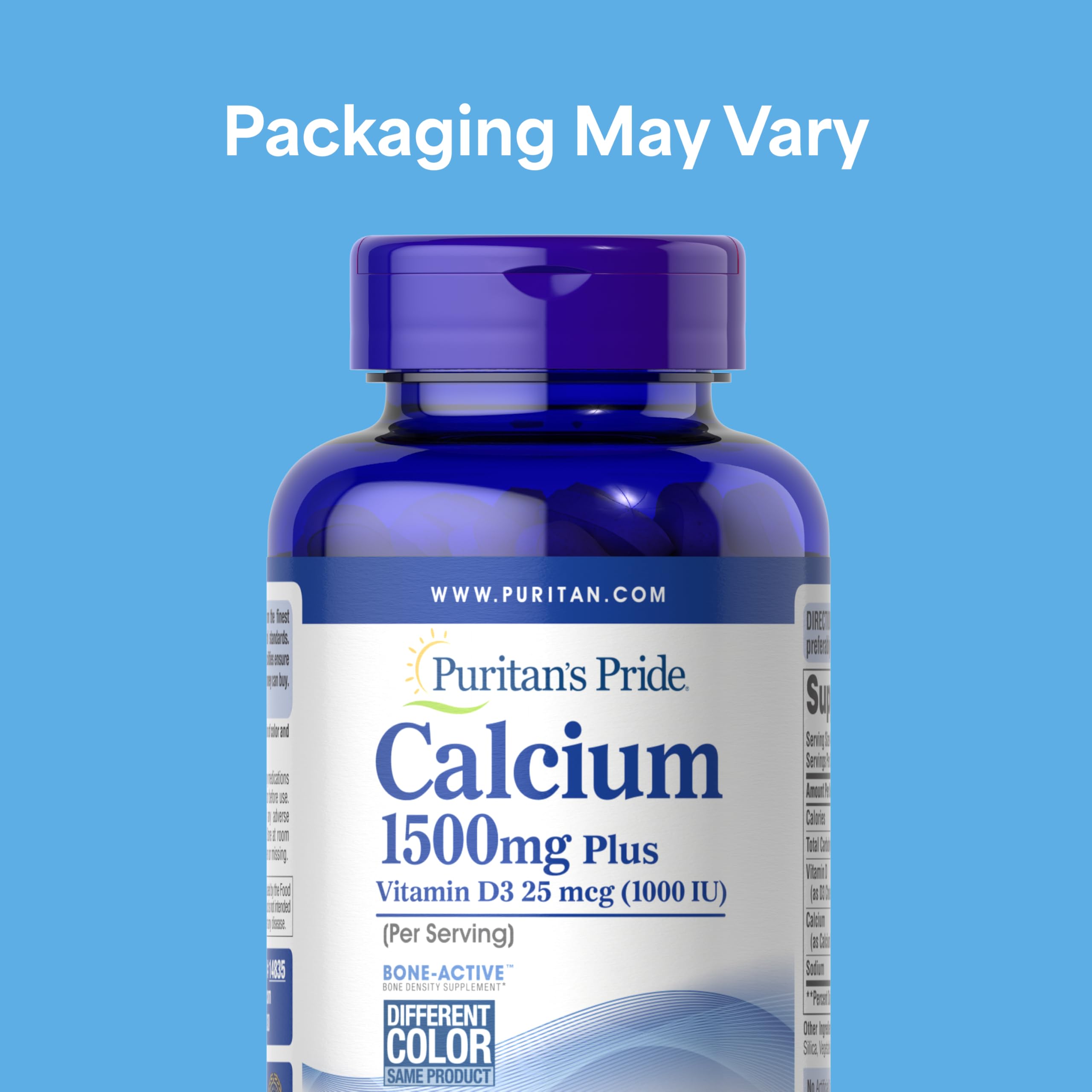 Puritan's Pride calcium tablet closeup emphasizes daily calcium and D3 for strong bones.