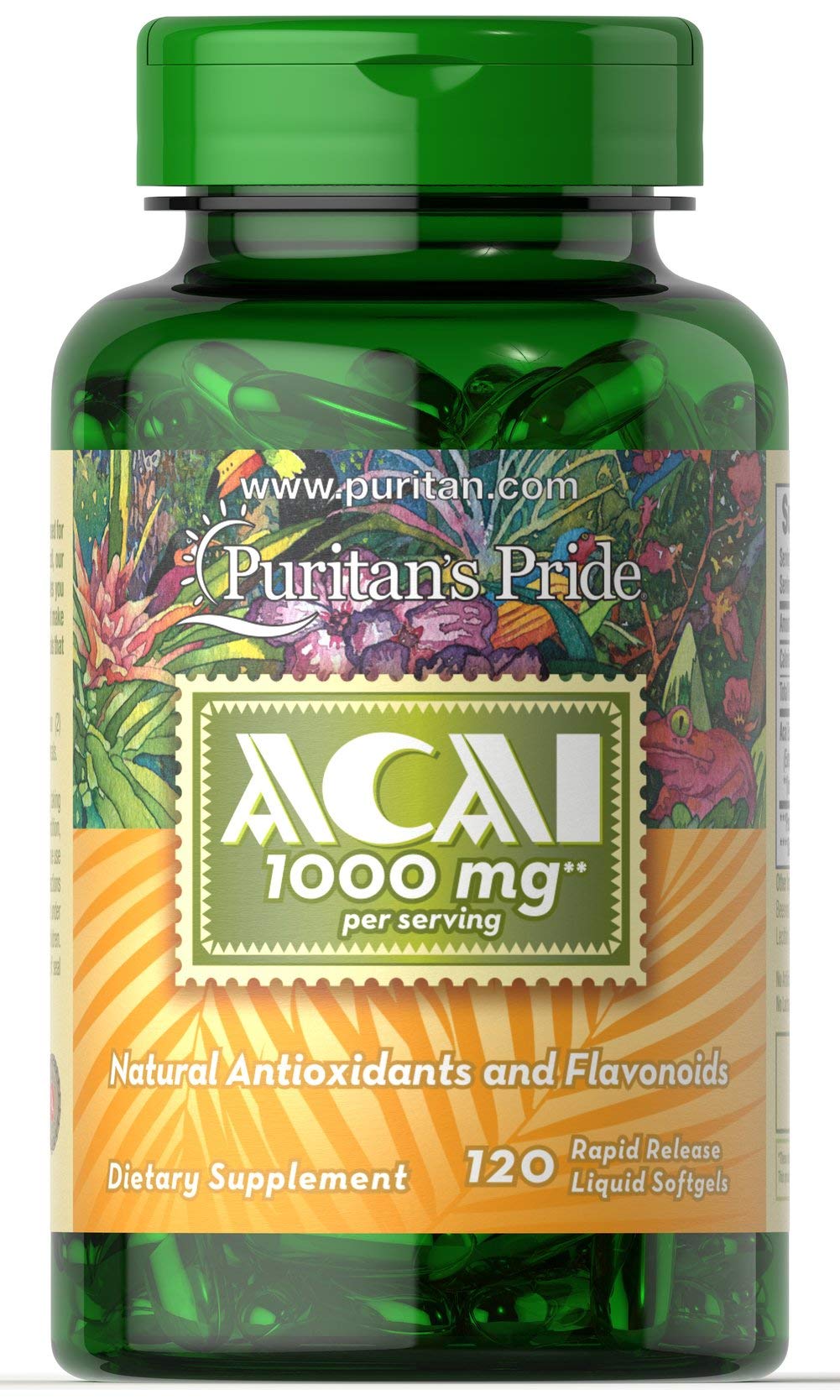 Puritan's Pride Acai 1000 mg softgel bottle, antioxidant-rich berry supplement for daily vitality