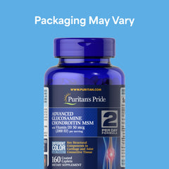 Puritan's Pride Advanced Glucosamine bottle back label highlights ingredients and dosing guidance.