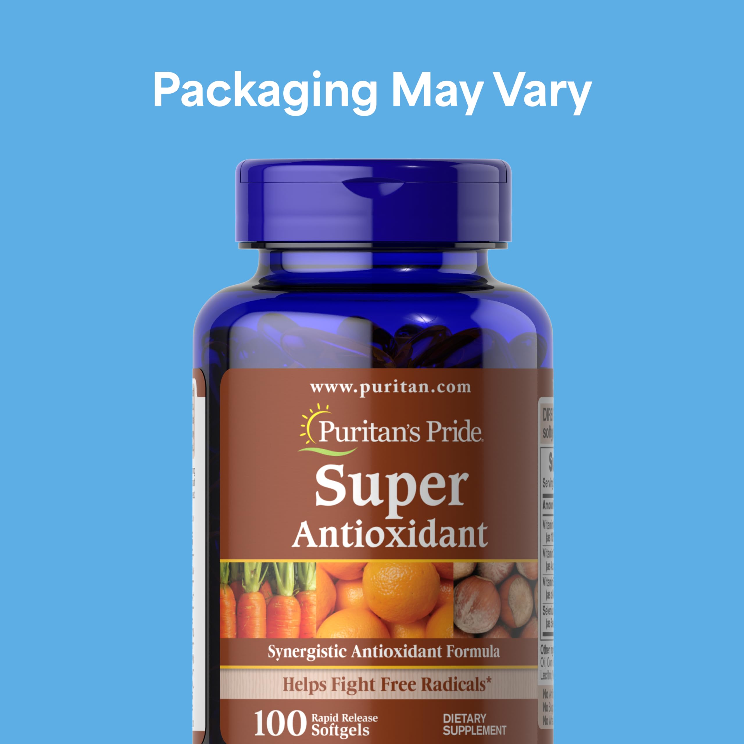 Puritan's Pride antioxidant capsules closeup showing rapid-release softgels for easy daily use.