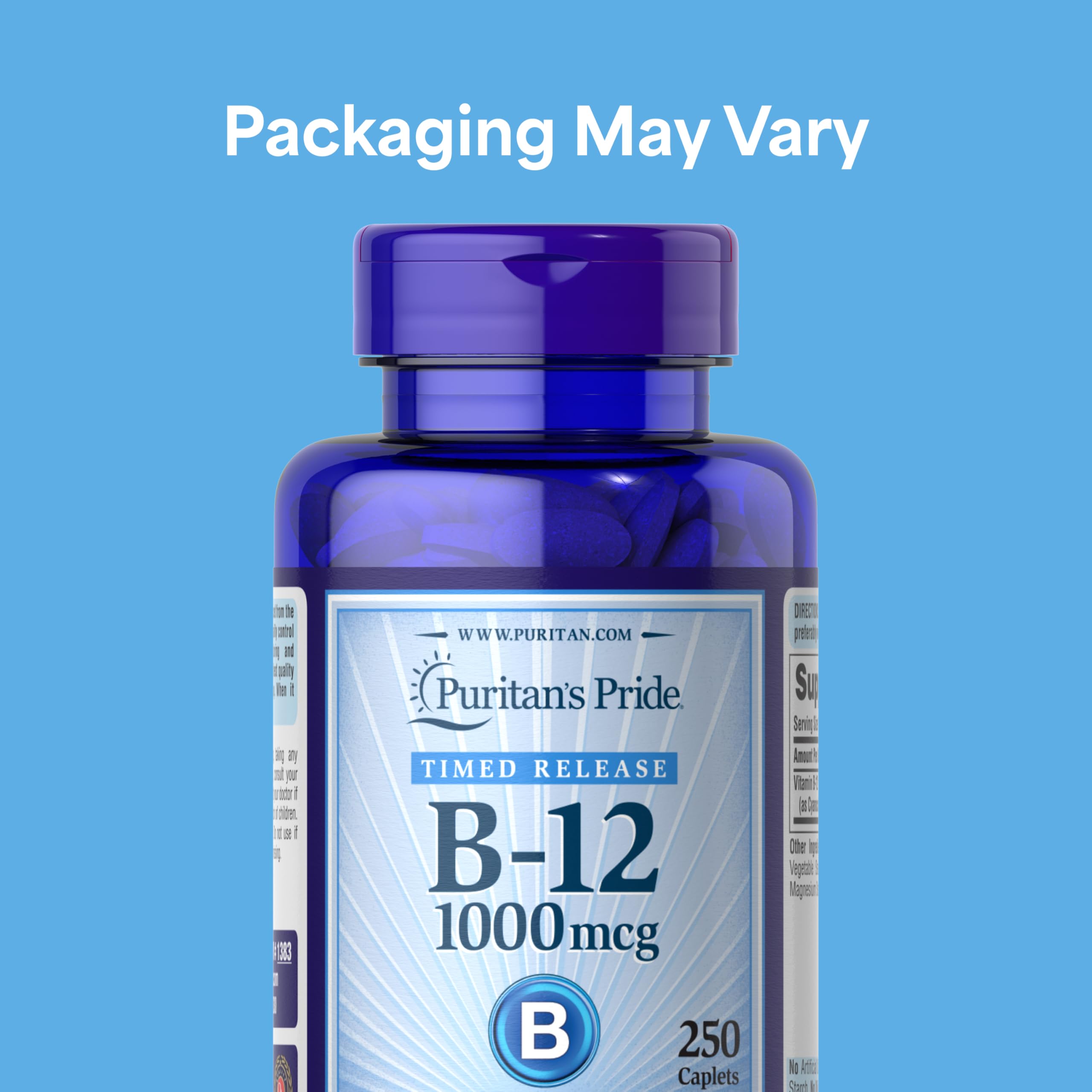 Puritan's Pride B-12 1000mcg caplets shown on a bottle front for long-term supply.