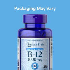 Puritan's Pride B-12 1000mcg caplets shown on a bottle front for long-term supply.