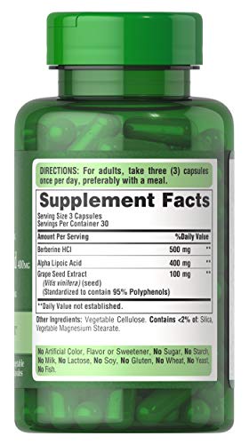 Puritan's Pride Berberine-ALA-Grape Seed label view showcases quality ingredients