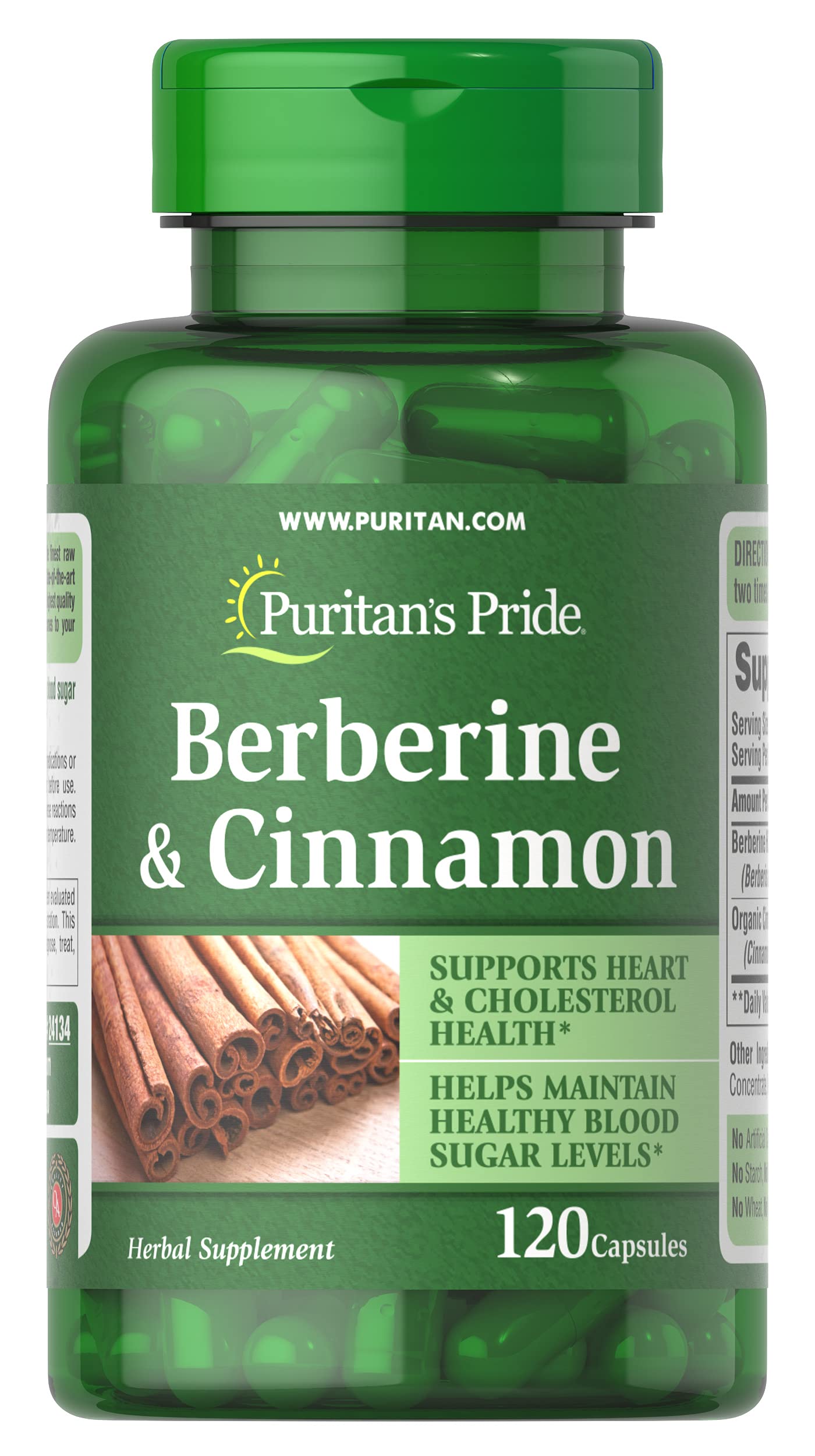 Puritan's Pride Berberine Cinnamon bottle, supports daily wellness with essential ingredients