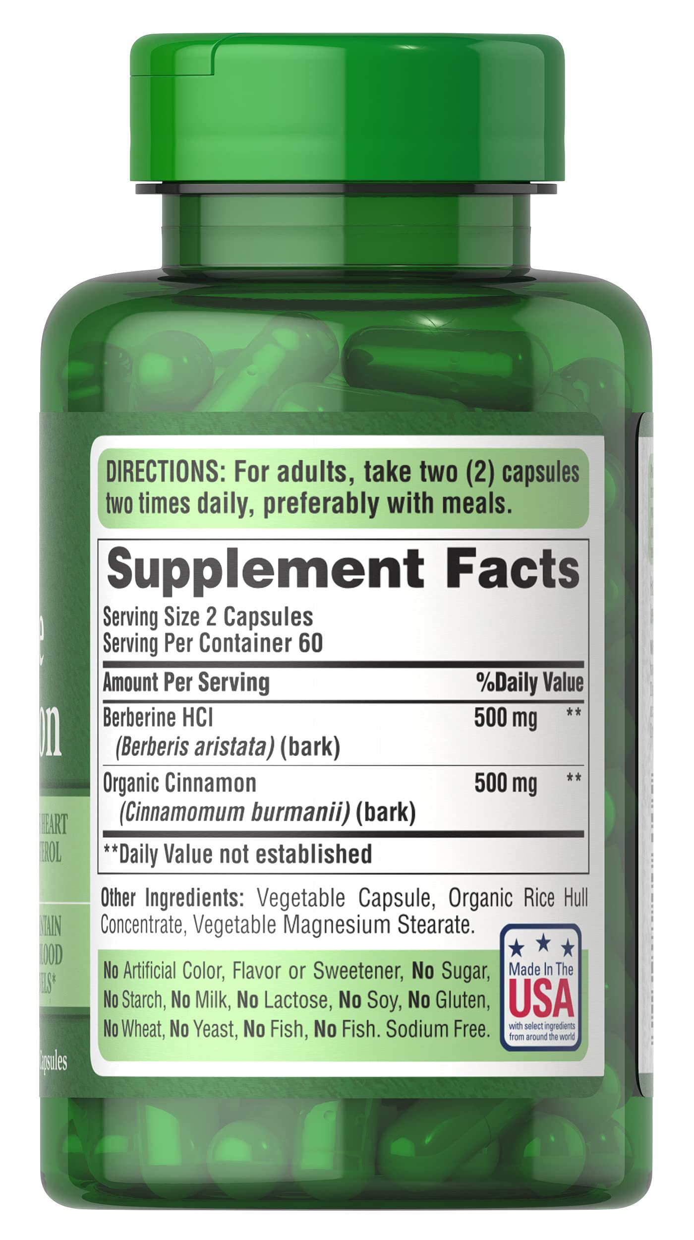 Puritan's Pride Berberine Cinnamon capsules, easy daily supplement for balanced metabolic support