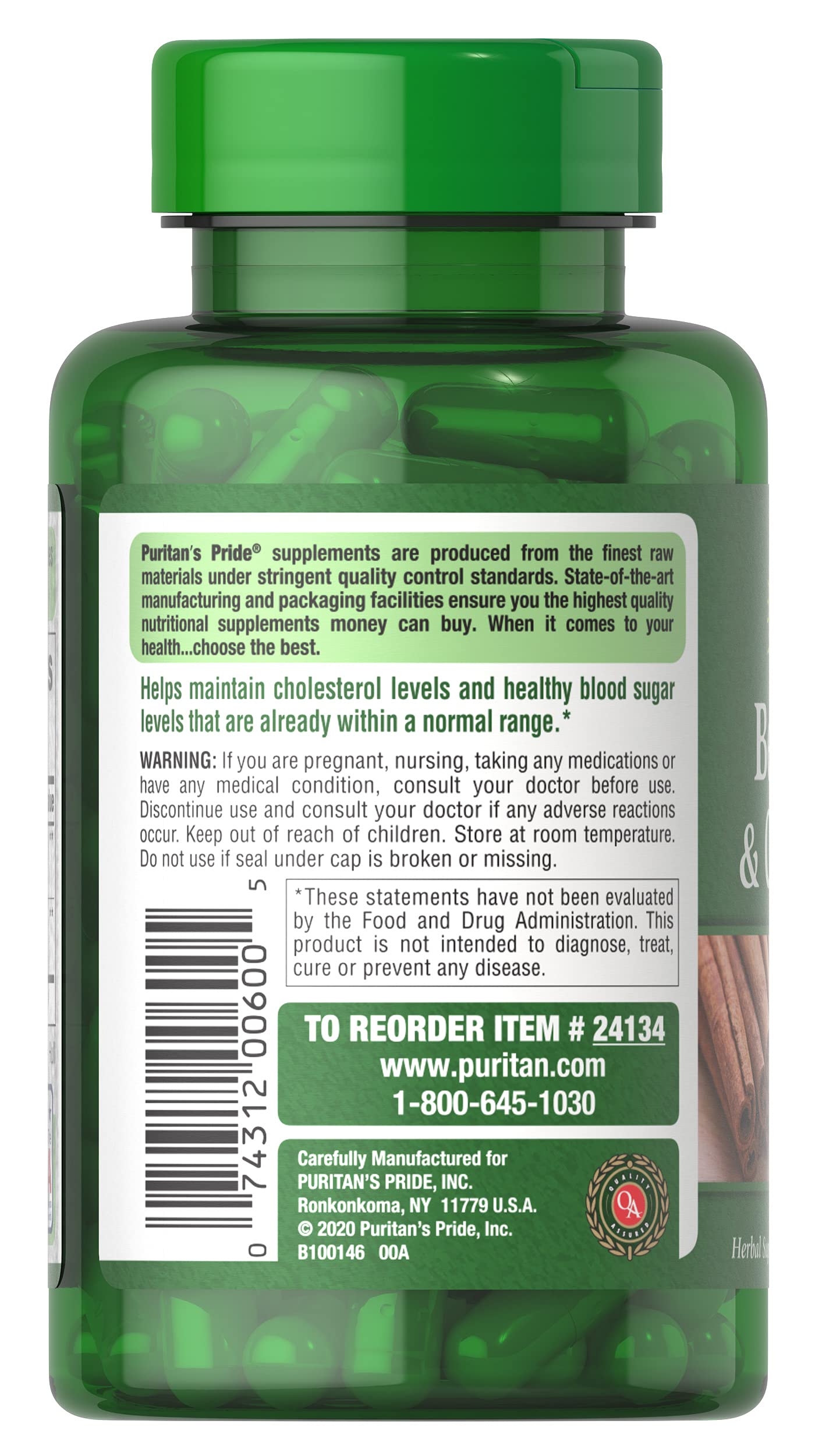 Puritan's Pride Berberine Cinnamon label closeup, transparent ingredient details and dosage info