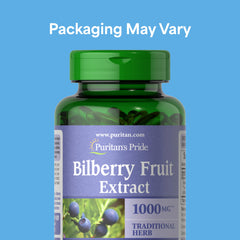 Puritan's Pride Bilberry 4:1 extract capsule highlights potency and quality.