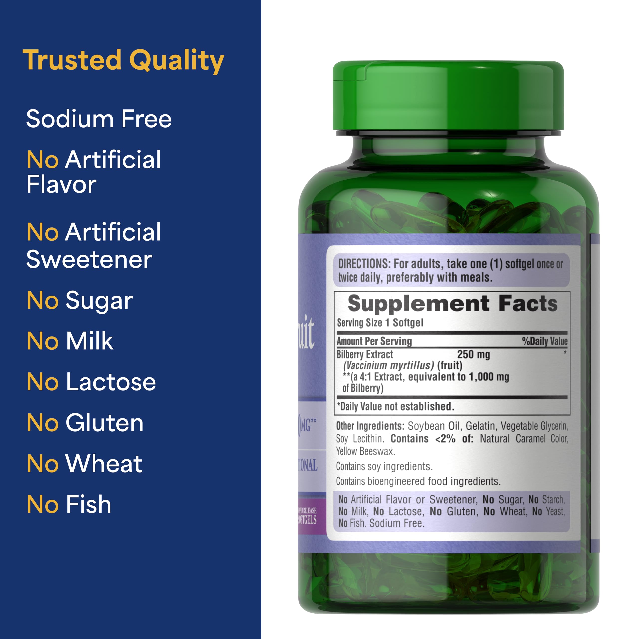 Puritan's Pride bilberry supplement designed for dietary-friendly formulation.