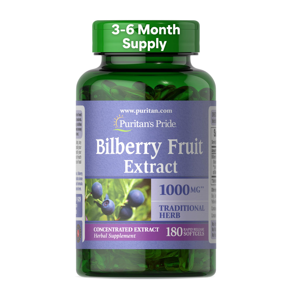 Puritan's Pride Bilberry softgel 250 mg ready to take with meals for daily wellness.