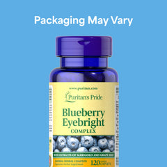 Puritan's Pride Blueberry Eyebright Complex capsules closeup highlighting easy-swallow coating