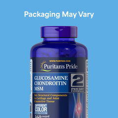 Puritan's Pride caplets poured, illustrating easy two-per-day dosing for joints.