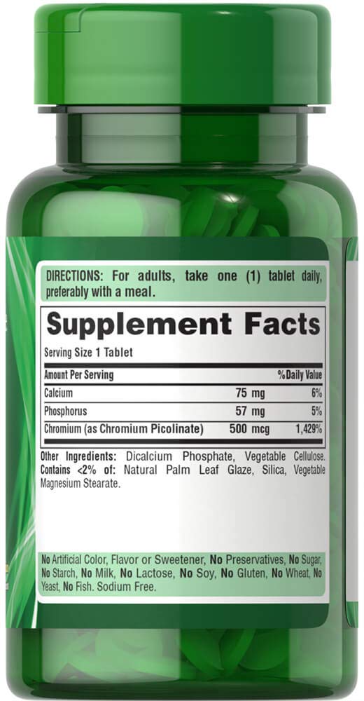 Puritan's Pride Chromium Picolinate 500-mcg bottle label shows product details for easy checks.