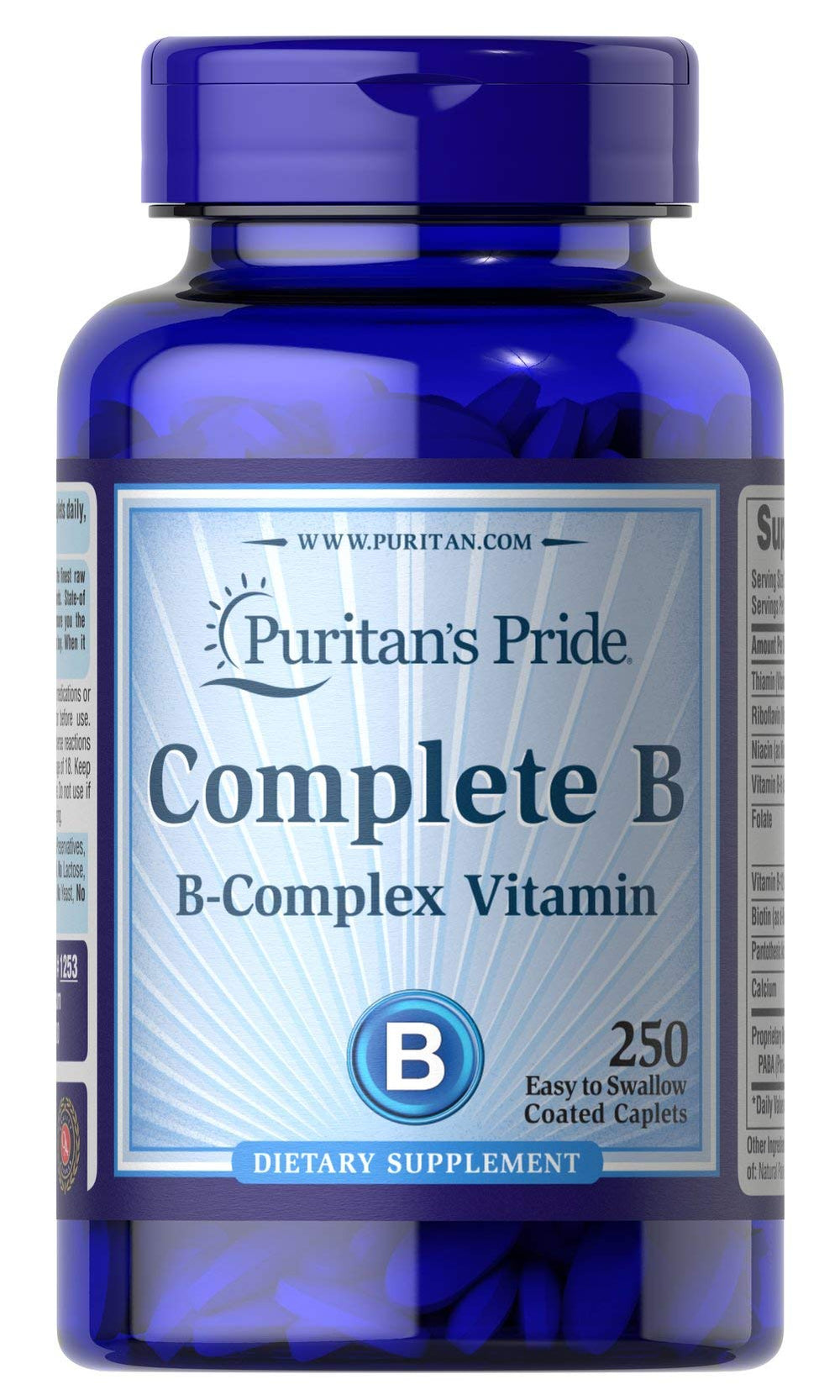 Puritan's Pride Complete B Complex caplets bottle for daily energy support.