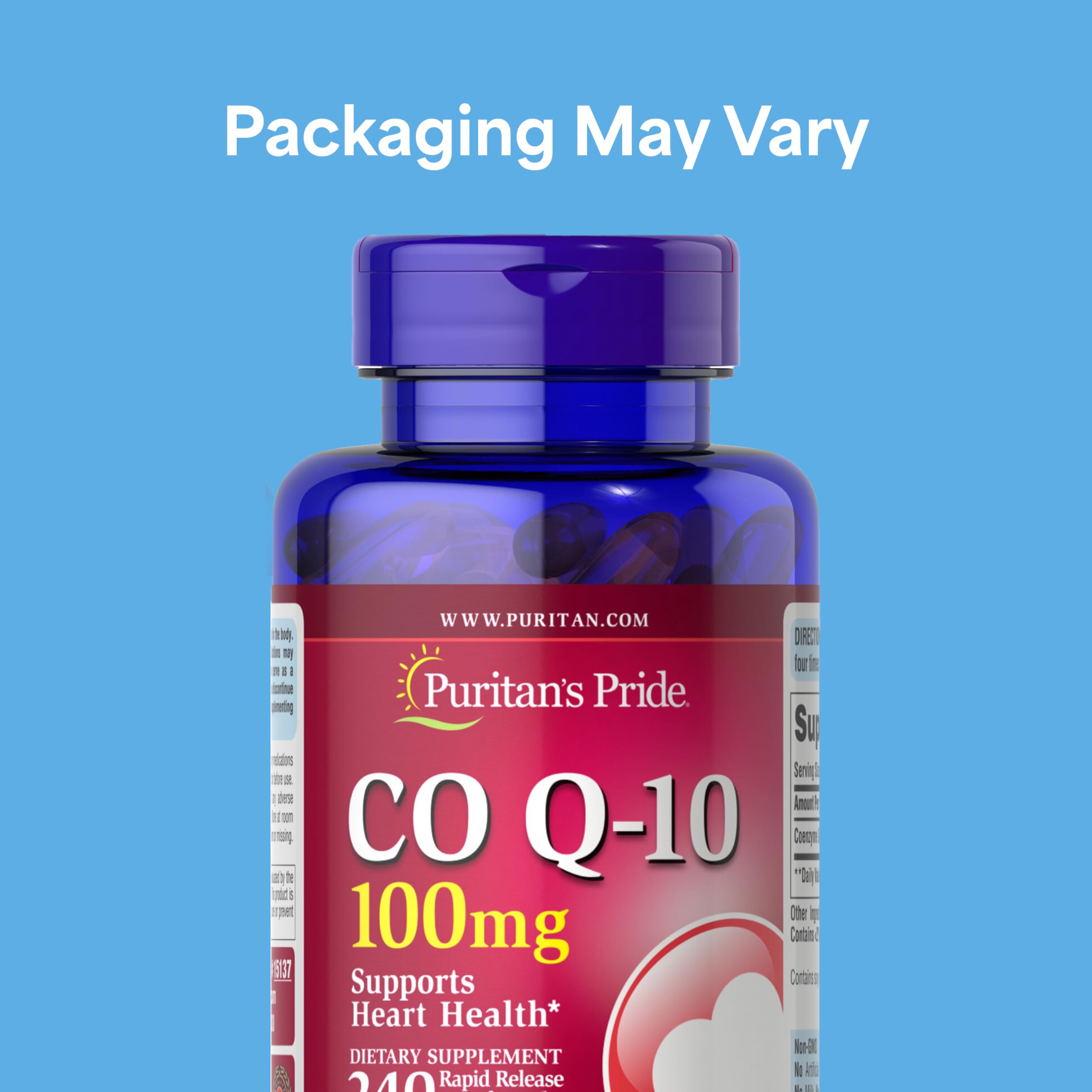Puritan's Pride CoQ10 softgel closeup highlighting rapid release and absorption