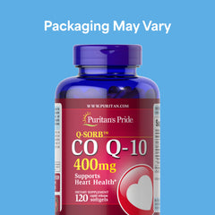 Puritan's Pride CoQ10 capsule pour reveals rapid release softgels for energy.