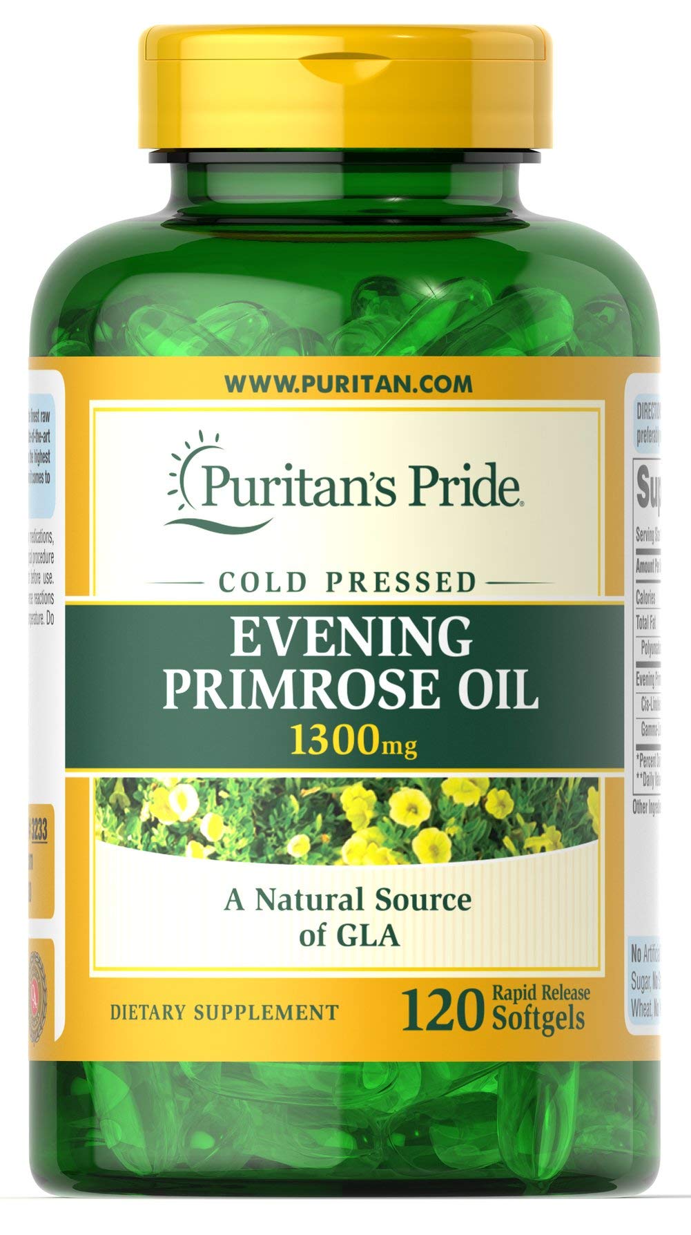 Puritan's Pride Evening Primrose Oil 1300 mg softgel bottle for daily wellness support.