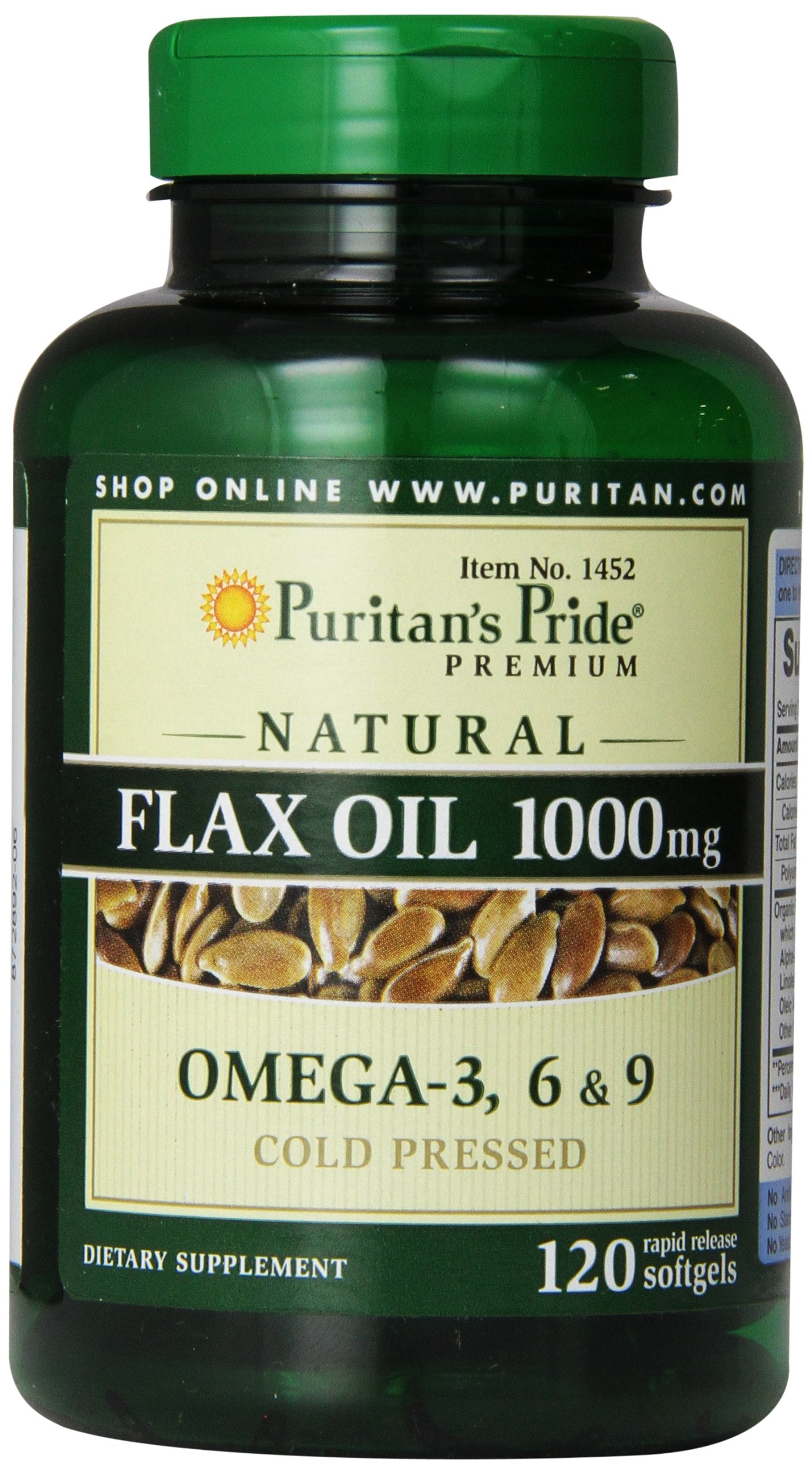 Puritan's Pride flax oil 1000mg bottle supports daily omega 3-6-9 intake.