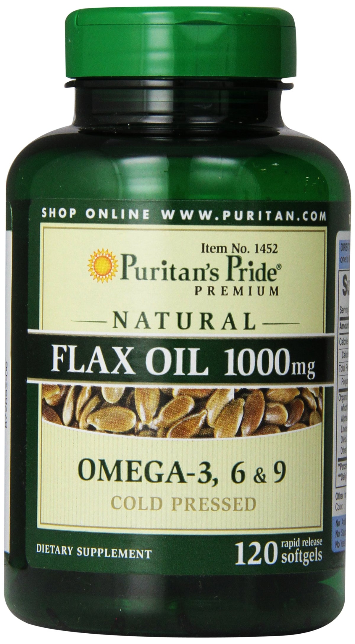 Puritan's Pride flax oil 1000mg bottle supports daily omega 3-6-9 intake.