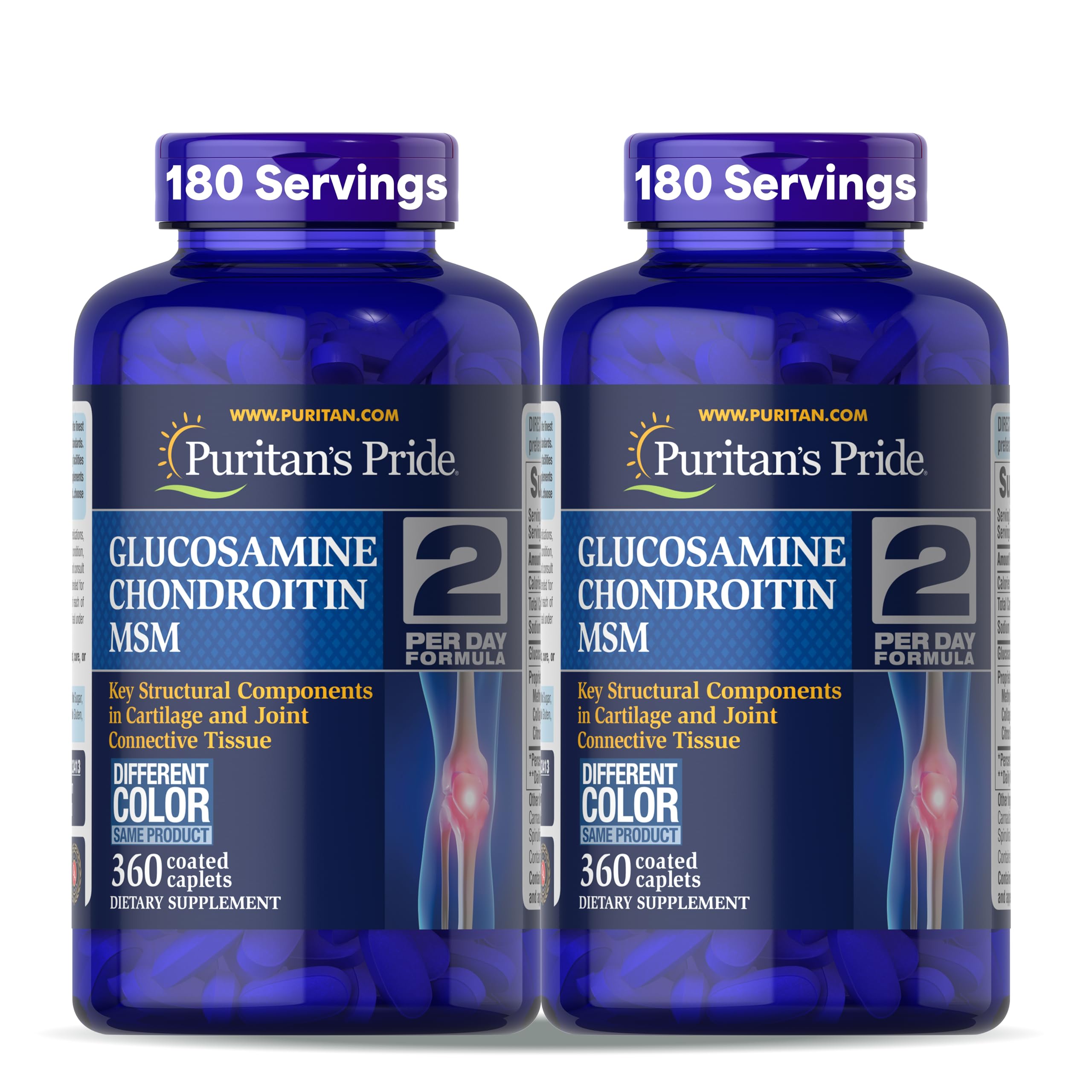 Puritan's Pride glucosamine bottle close-up showing potential joint support.