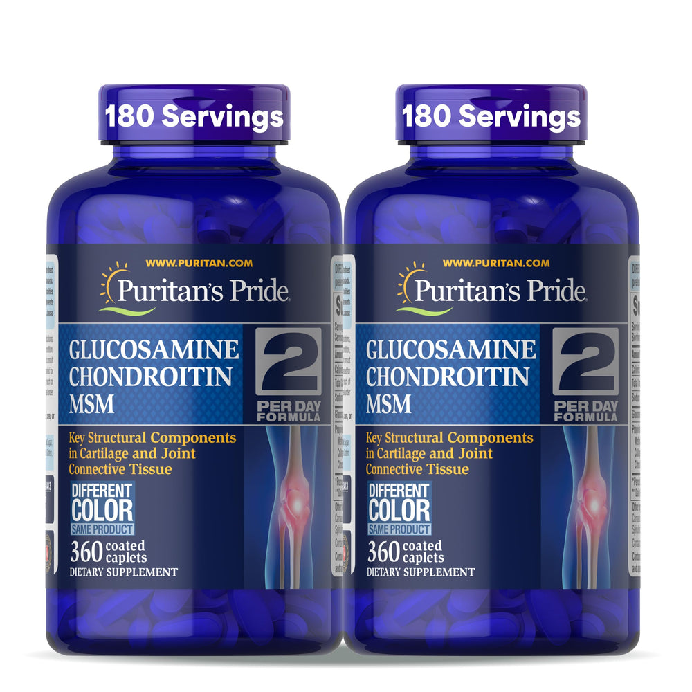 Puritan's Pride glucosamine bottle close-up showing potential joint support.