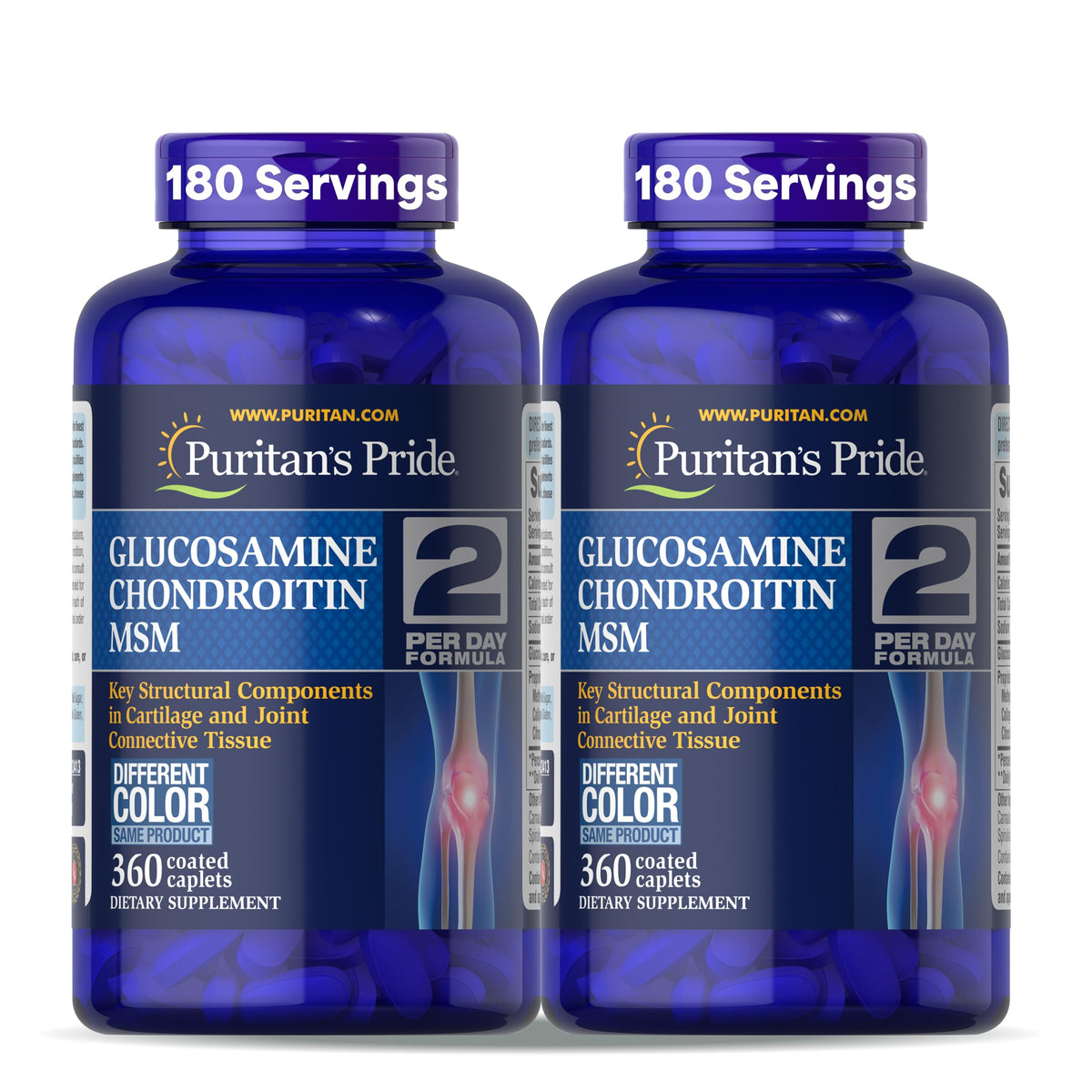 Puritan's Pride glucosamine bottle close-up showing potential joint support.