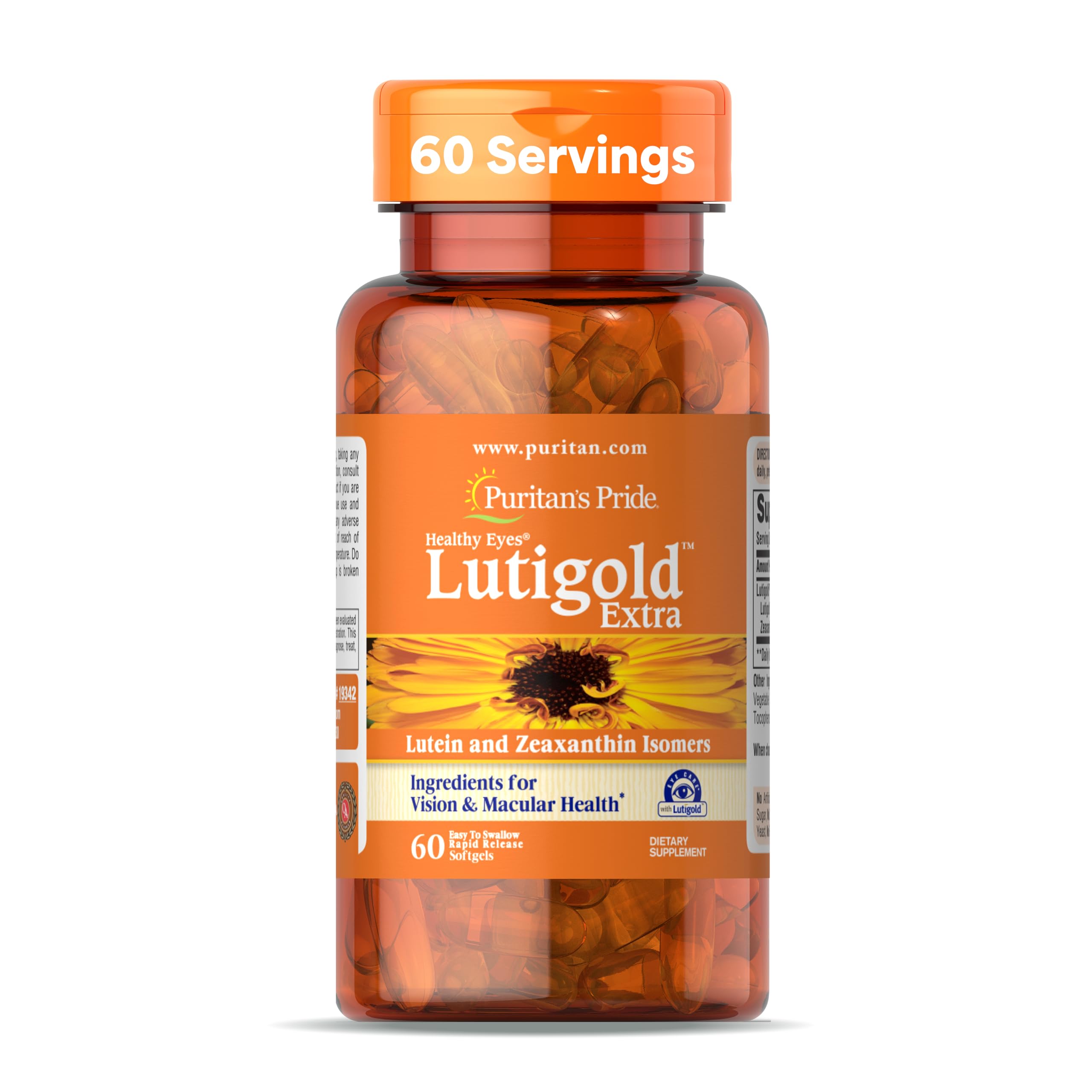 Puritan's Pride Lutigold Extra Lutein bottle showing eye health formula.