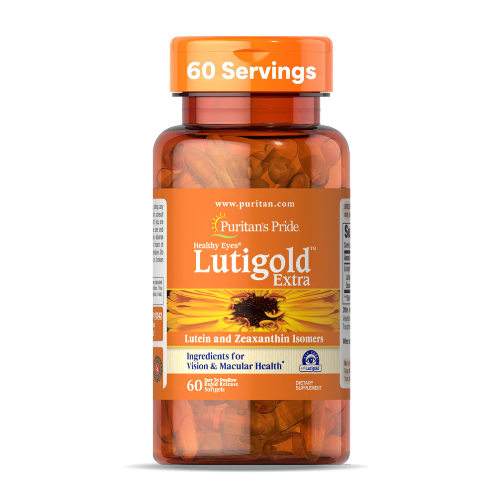 Puritan's Pride Lutigold Extra Lutein bottle showing eye health formula.